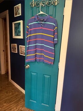 Vintage Lands' End Purple Striped Polo with Multicolor Accents - XL